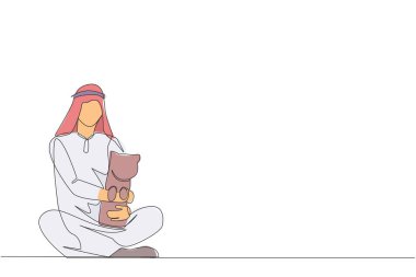 Genç enerjik bir Arap adamın bacak bacak bacak üstüne atmış küçük bir kediye sarıldığı tek sıra çizimi. Sevgili kediyle şakalaşmak yorgunluktan kurtulmanın bir yoludur. Bir çizgi tasarımı vektör illüstrasyonu