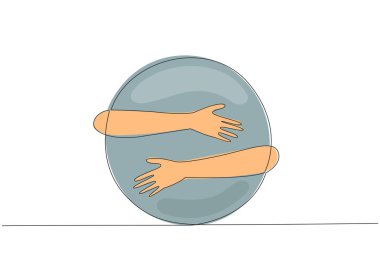 Tek sıra halinde insan eli sarılma çemberi. Yenilikçi bir logo yaratma tutkusu. Temel dairesel kalıba göre geliştirilebilen şekil. Bir çizgi tasarımı vektör illüstrasyonu