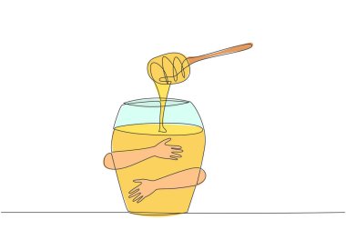 Bala sarılan insan elini çizen tek sıra. Arılar tarafından üretilen ve insan vücuduna birçok sağlık yararı olan tatlı, kalın dokulu bir sıvı. Bitkisel. Bir çizgi tasarımı vektör illüstrasyonu