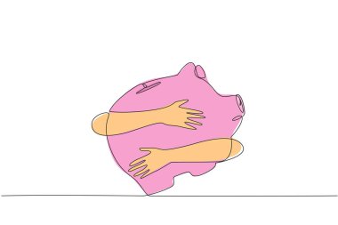 Devamlı el çizimleri halinde kumbaraya sarılıyorlar. Şimdiyi gelecekteki hayat için biriktiriyorum. Finansal gelecek için endişe kavramı. Tek çizgi çizimi tasarım vektör çizimi