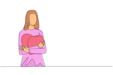 Güzel bir kadının sürekli çizdiği tek bir çizgi, sıradan bir tişörtle göğsünde büyük pembe bir kalp şekline sarılmış. Aşık bir adamın evlenme teklifini kabul etme kavramı. Bir çizgi tasarım vektörü