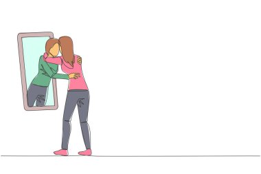 Genç ve güzel bir kadının aralıksız çizimleri aynanın önünde duruyor. Yansıması aynadan çıkar ve birbirine sarılır. Şefkatli. Kendini sevme kavramı. Bir çizgi tasarımı vektör illüstrasyonu