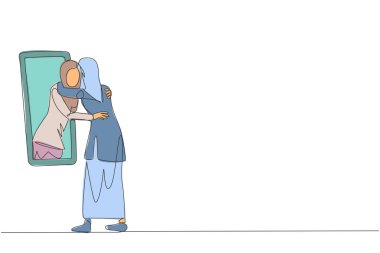 Genç Arap kadının sürekli çizdiği tek çizgi aynanın önünde duruyor. Yansıması aynadan çıkar ve birbirine sarılır. Bir bedeni ve ruhu kabul etmek. Bir çizgi tasarımı vektör illüstrasyonu
