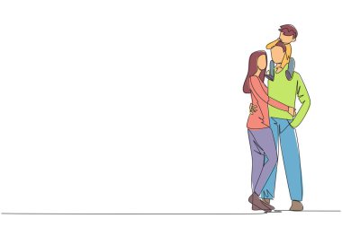 Devamlı bir çizgi çizen genç bir kadın yakışıklı kocasına sarılıyor küçük tatlı oğlunu omuzlarında kucaklıyor. Çocuklu, gülümseyen bir çift. Mutlu aile ilişkileri. Tek çizgi çizme vektörü