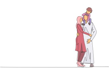 Genç Arap kadının tek sıra çizimi, küçük tatlı oğlunu omuzlarında tutan yakışıklı kocasına sarılıyor. Mutlu Arap aile kavramı. Bir çizgi tasarımı vektör illüstrasyonu