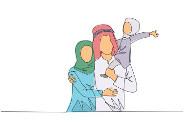 Aralıksız çizilen genç ve güzel bir Arap kadını güzel kızlarını kucaklayan yakışıklı kocasına sarılıyor. Çocuklu, gülümseyen bir çift. Mutlu aile kavramı. Tek çizgi çizme tasarım vektörü
