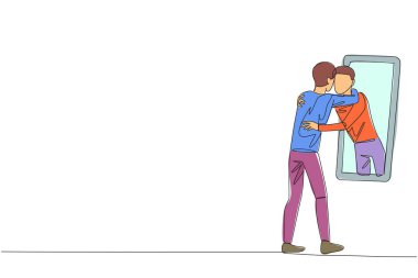 Genç ve mutlu bir adamın sürekli çizdiği çizgi aynanın önünde duruyor. Yansıması aynadan çıkar ve birbirine sarılır. Şefkatli. Kendini sevme kavramı. Bir çizgi tasarımı vektör illüstrasyonu