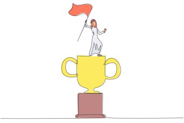 Genç Arap iş adamının dev kupanın üzerinde durduğu tek sıra. İşletme başarısı için bayrak kaldırmak. Kariyer başarısı konsepti için kararlılık. Bir çizgi tasarım vektörü