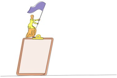 Devamlı olarak Arap iş kadınının bayrak kaldırırken çizdiği bir çizgi. İşleri düzgün yürütmek için günlük bir iş planı oluşturun. İş yönetimi konsepti. Tek çizgi çizimi
