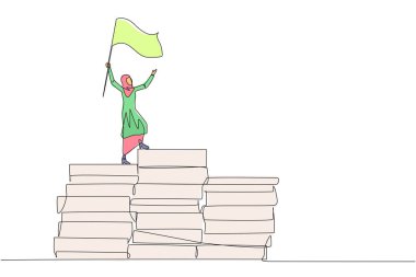 Arap iş kadınının kağıt yığınları üzerinde bayrak çekerken çizdiği tek çizgi. Bir sürü veriyle iş planı oluşturun. Her ne kadar çok iş olsa da kazanan. Bir satır