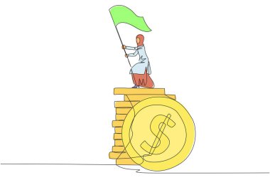 Arap iş kadınının para yığınının üzerinde bayrak çekerken çekilmiş tek bir çizimi. Başarılı uzaktan kumandalı serbest çalışma. Çok para kazan. Akıllı iş kavramı. Ödül. Devamlı çizgi tasarımı