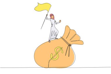 Devasa para çantasının üzerinde duran Arap işadamının aralıksız çizimi. İşletmeyi yönetmedeki zekice başarısı sayesinde zafer ya da iş başarısı kazandı. Bir çizgi vektörü