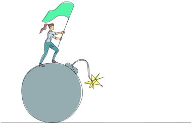 Devamlı olarak genç bir iş kadınının yanan bir fünye ile büyük bir bombanın üzerinde durduğu bir çizgi. Son teslim tarihine yakın bir iş tehlikede. Zaman krizi yönetimi. Tek çizgi çizme tasarım vektörü