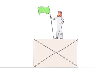 Genç Arap iş adamının bayrak tutan büyük e-posta ikonu üzerinde durduğu tek bir çizgi. Şirket için çok karlı bir işbirliği teklifi e-postası aldım. Devamlı çizgi tasarımı grafiği