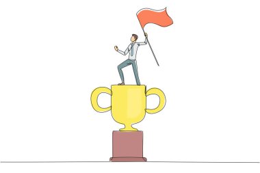 Devamlı tek sıra halinde genç işadamı dev kupanın üzerinde duruyor. İşletme başarısı için bayrak kaldırmak. Kariyer başarısı konsepti için kararlılık. Bir satır tasarımı illüstrasyonu
