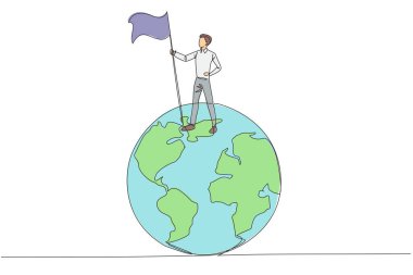 Devamlı olarak başarılı bir iş adamının dev dünya bayraklarının üzerinde durduğu bir çizgi. İş adamı zaferi kutluyor. Dünyayı fethetme metaforu. Tek çizgi çizme vektör illüstrasyonu