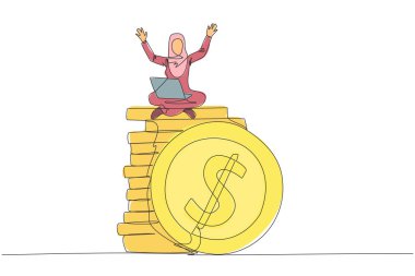 Dizüstü bilgisayarını koyan para yığınının üzerinde oturan Arap iş kadınını çizen tek sıra. Başarılı uzaktan kumandalı serbest çalışma. Çok para kazan. Akıllı iş kavramı. Bir satır tasarımı