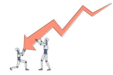 Devamlı bir çizgi halinde iki robot büyük ok grafikleri tutuyorlar. Ucunu tutan robotlardan biri. Takım çalışması, böylece ok tekrar yukarı çıkabilir. Tek çizgi çizimi tasarım vektör çizimi