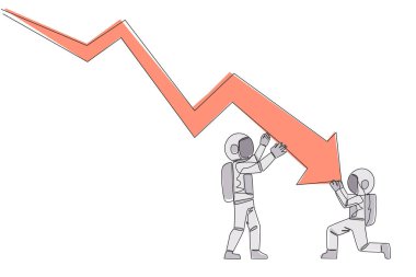 Devamlı bir çizgi halinde iki astronot ellerinde büyük ok çizelgeleri tutuyorlar. Bir tanesi ucu tutuyor. Takım çalışması, böylece ok tekrar yukarı çıkabilir. Tek çizgi çizimi tasarım vektör çizimi