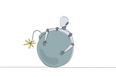 Tek sıra halinde robot yanan bir fitille büyük bir bombaya sarılıyor. Bomba imha robotu. İsyan karşıtı robot. Yapay zeka. Gelecekteki teknoloji konsepti. Bir çizgi tasarımı vektör illüstrasyonu