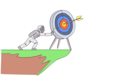 Sürekli bir çizgi çizen astronot dev ok tahtasını uçurumun kenarına itiyor. Keşif sırasında kargaşa çıkmış. Odaklanma. Aero uzay adamı. Tek çizgi çizimi tasarım vektör çizimi