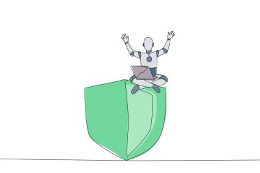 Devamlı bir çizgi halinde dev bir kalkanın üzerinde oturmuş robot yapay zeka çiziyor ve iki elini de kaldırıyor. Güvenlik duvarı robotları. Virüs saldırılarını önlemek için. Tek çizgi çizimi tasarım vektör çizimi