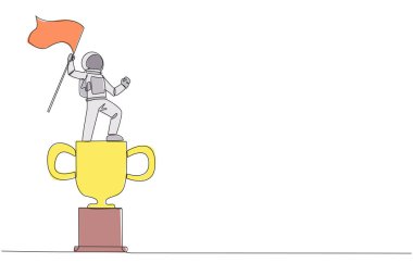 Devamlı bir çizgi halinde, elinde dalgalanan bayrakla dev bir kupa üzerinde duran enerjik astronot çiziyor. Dünyaya başarıyla inmenin ödülü. Kozmonot. Tek çizgi çizimi tasarım vektör çizimi