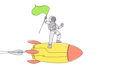Tek sıra halinde, gökyüzünde uçan roketin üzerinde dalgalanan bayrak tutan genç astronot çiziyor. Ay 'a uzay yolculuğu. Kozmonot. Devamlı çizgi tasarımı grafik çizimi