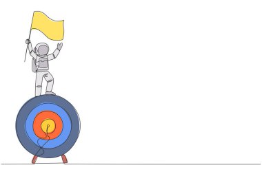 Devamlı bir çizgi halinde genç enerjik astronot dalgalanan bayrak taşıyan dev ok tahtasında duruyor. Bir görevden başka bir keşif görevine odaklan. Tek çizgi çizme tasarım vektörü