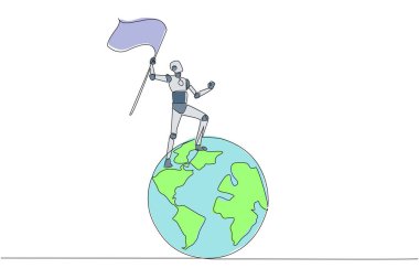 Devasa dünya bayrağının üzerinde duran tek bir robot yapay zeka çizgisi. Geleceğin teknoloji gelişimi. Dünyayı fethetme metaforu. Bir çizgi tasarımı vektör illüstrasyonu