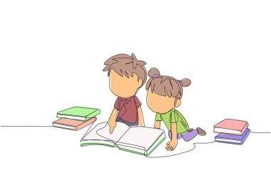 Çocukların mutlu bir şekilde kitap okuduğu bir çizgi. İyi bir okuma merakı. Hikaye kitapları okumaktan gerçekten zevk alıyorum. Her yerde okuyorum. Kitap festivali konsepti. Tek çizgi çizimi tasarım vektör çizimi