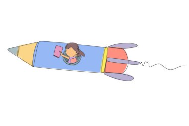 Tek sıra halinde, roket okuma kitabı üzerinde uçan bir kız çiziyor. Her yerde kitap okurdu. Kitap bir bilim adamı olmak için ilham veriyor. Kitap festivali konsepti. Bir çizgi tasarımı vektör illüstrasyonu