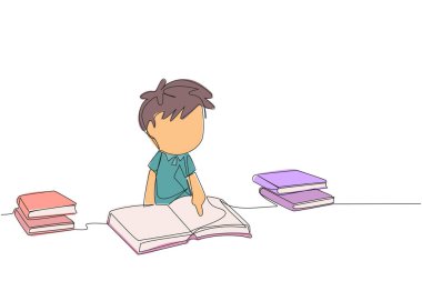 Okumayı çok seven, sürekli çizen bir çocuk. Her gün bir kitap okunuyor. İyi alışkanlık. Kitap okumadan bir gün bile geçmez. Kitap festivali konsepti. Tek çizgi çizimi tasarım vektör çizimi