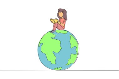 Tek sıra halinde oturup kitap okuyan mutlu bir kız çiziyor. Okuma metaforu dünyaya ulaşabilir. Her yerde okudum. Kitap festivali konsepti. Devamlı çizgi tasarımı grafik çizimi