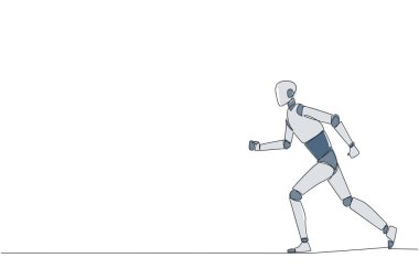 Işık egzersizi yapan akıllı robotik çizen tek çizgi. Koşmak kalp sağlığını korumayı amaçlar. Sağlıklı yaşam tarzı olan robot. Akıl sağlığı yerinde. Yapay zeka teknisyeni Devamlı çizgi tasarımı grafik çizimi
