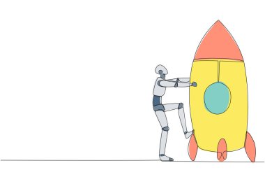 Tek sıra halinde akıllı robot ve roket çiziyor. Roketi fırlatmaya hazır olun. Metaforlar iş hayatında başarı getirir. Robot yapay zekası. Devamlı çizgi tasarımı grafik çizimi