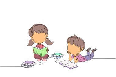 Okumayı çok seven çocukların çizdiği bir çizgi. Her gün bir kitap okunuyor. İyi alışkanlık. Kitap okumadan bir gün bile geçmez. Kitap festivali konsepti. Tek çizgi tasarım vektör çizimi