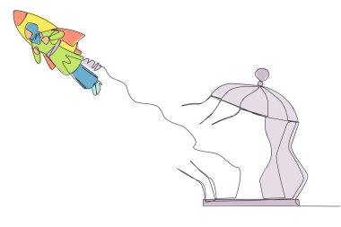 Sürekli bir çizgi halinde, Arap iş kadını roketle uçuyor ve kafesi kırıyor. Tuzaklardan uzak. İşe devam etmesi için bir yükseltici alıyorum. İşler kızıştı. Tek çizgi çizme vektör illüstrasyonu