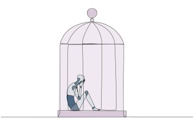 Kafeste kapana kısılmış, yüzü örten akıllı robotik çizgiler. Tamamen yenilmiş hissediyorum. Pis bir işte kapana kısıldık. Zihinsel olarak yorgun. Kaybettim. Bir çizgi tasarımı vektör illüstrasyonu