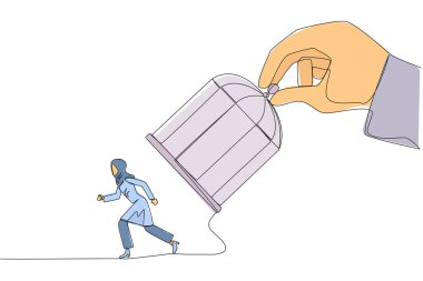 Devamlı bir sıra çizerek büyük eller demir kafesi tutar, Arap iş kadınını yakalar. Herhangi bir şekilde tuzağa düşmek istiyorum. Tuzağa gir. Haksız iş rekabeti. Kaybettim. Tek çizgi çizimi tasarım vektör çizimi