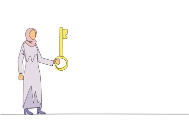 Arabistanlı iş kadınının anahtar tuttuğu tek satır. Kârın artması için önemli bir anahtar sağlandı. Önemli bir miras olmaya hazır. Devamlı çizgi tasarımı grafik çizimi