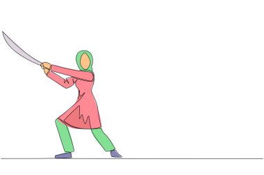 Tek sıra halinde, elinde samuray tutan Arap iş kadını. Samuray atletlerin işi koruması gibi. İş büyümesini engellemeye hazır. Devamlı çizgi tasarımı grafik çizimi