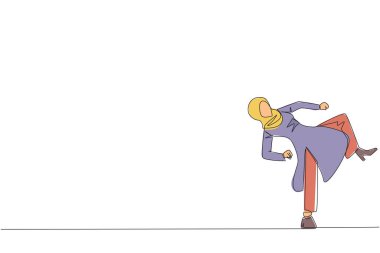 Tekvando hareketleri yapan Arap bir iş kadınının sürekli çizdiği bir çizgi. Tekme hareketi. Güçlü bacaklar. Sporla iş yapmak. Sağlıklı kal güçlü kal. Tek çizgi tasarım vektör çizimi