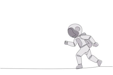 Işık egzersizi yapan genç astronotları çizmeye devam et. Koşmak kalp sağlığını korumayı amaçlar. Sağlıklı yaşam tarzı olan bir astronot. Akıl sağlığı yerinde. Tek çizgi çizimi tasarım vektör çizimi