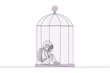 Tek sıra halinde, genç astronotu kafese tıkıştırıp yüzünü kapatıyor. Tamamen yenilmiş hissediyorum. Pis bir işte kapana kısıldık. Zihinsel olarak yorgun. Kaybettim. Bir çizgi tasarımı vektör illüstrasyonu