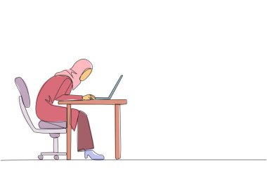 Bir satırda Arap iş kadını dizüstü bilgisayarda oturuyor ve daktilo yazıyor. Beklenen en yüksek sonucu elde etmek için sıkı çalışın. Fazla mesai ve akıllı çalışma. Devamlı çizgi tasarımı grafik çizimi