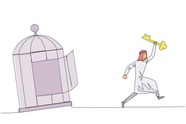 Arap işadamını elinde anahtarla kafesten kaçarken gösteren bir satır. Bağlayan bir şeyden kurtulma kavramı. İş yapma özgürlüğü. Tek çizgi çizimi tasarım vektör çizimi