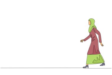 Ara vermek ve öğle yemeği yemek için kantine yürüyen Arap iş kadınını çeken tek sıra. Fikirleri parlak fikirlere dönüştürmek biraz zaman alıyor. Başarı. Bir çizgi tasarımı vektör illüstrasyonu