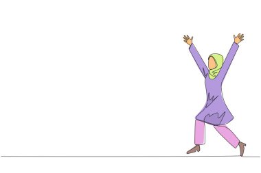 İşlerin başarısını kutlamak için koşuşturan Arap iş kadını. Gol atan futbolcu gibi, o da kutluyor. Başarı. Tek çizgi çizimi tasarım vektör çizimi