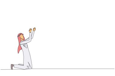 Tek sıra halinde, Arap işadamı diz çöküp dua etmek için el kaldırıyor. İşleri kolaylaştırmak için dua ediyorum. İş adamı umudunu kaybetti. Teslim ol. Devamlı çizgi tasarımı grafik çizimi